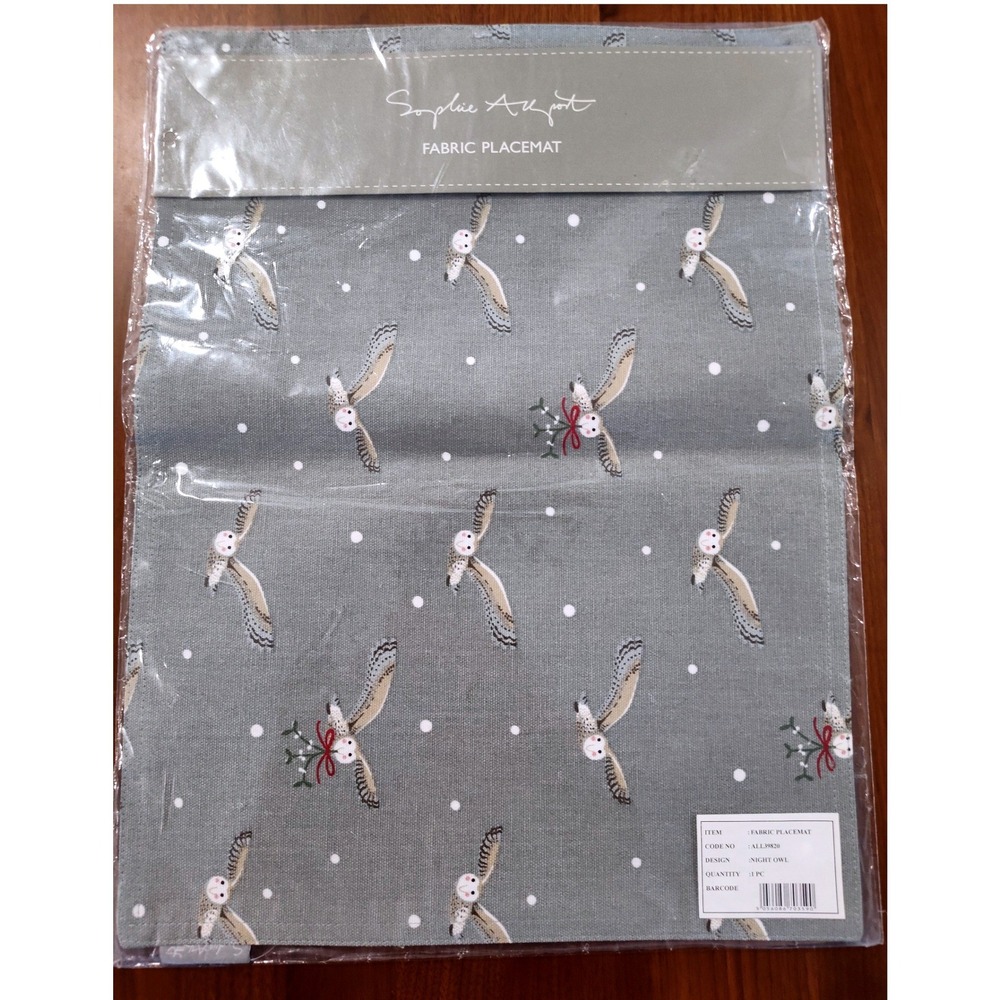 Sophie Allport Night Owl Fabric Placemat Set of 4 Cotton Grey Winter Barn Owl